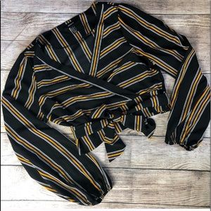 Long Sleeved Wrap Crop Top Black/Yellow Striped